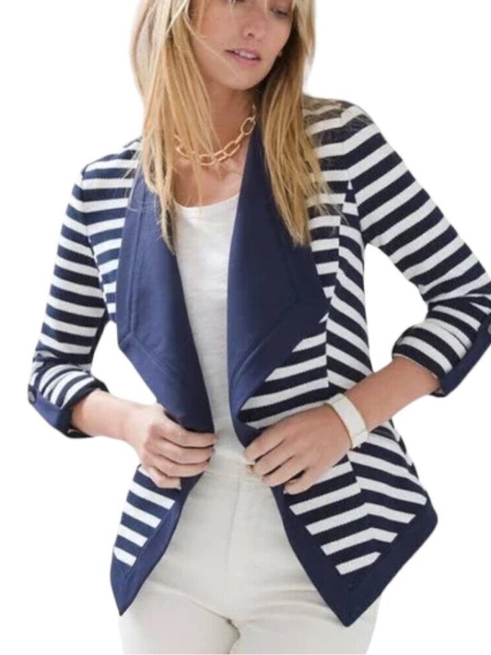 White House Black Market Navy White Stripe Drape Front Jacket Size M